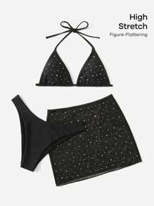 Swim Mod Summer Beach Mesh Bikini Set Rhinestone Halter Triangle Bra Top & High Cut Bikini Bottom & Skirt 3 Piece Bathing Suit - Black - View 6