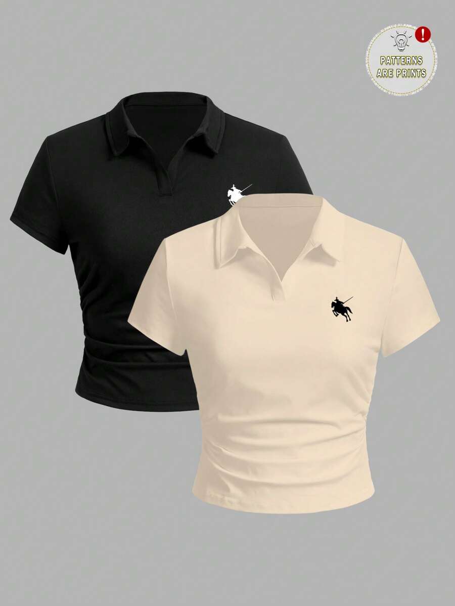 SHEIN Essnce Set de 2 camisetas de mujer con cuello polo, cuello en V, pliegues y mangas cortas - Multicolor - Ver 1