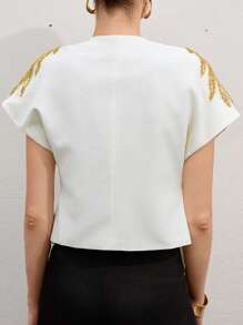 2026 Modichic Blusa de verano con hombros acolchados, con cuello en V, manga corta, bajo asimétrico, contrastes de color y bordados florales con cuentas para uso versátil y diario - Multicolor 2 - Ver 9