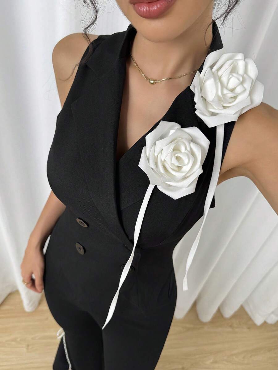 Modelyn 女式修身 3D 花卉装饰西装背心 - 黑色 - 查看 1