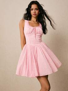 Poéselle 女士连衣裙 植绒提花面料 网眼连衣裙 领口蕾丝装饰 粉色连衣裙 短裙 浪漫女士花卉嵌花撞色蕾丝 方领无袖优雅迷你连衣裙 乡村音乐会服装 音乐会女装 生日服装 街头服饰 节日 - 粉色 - 查看 2