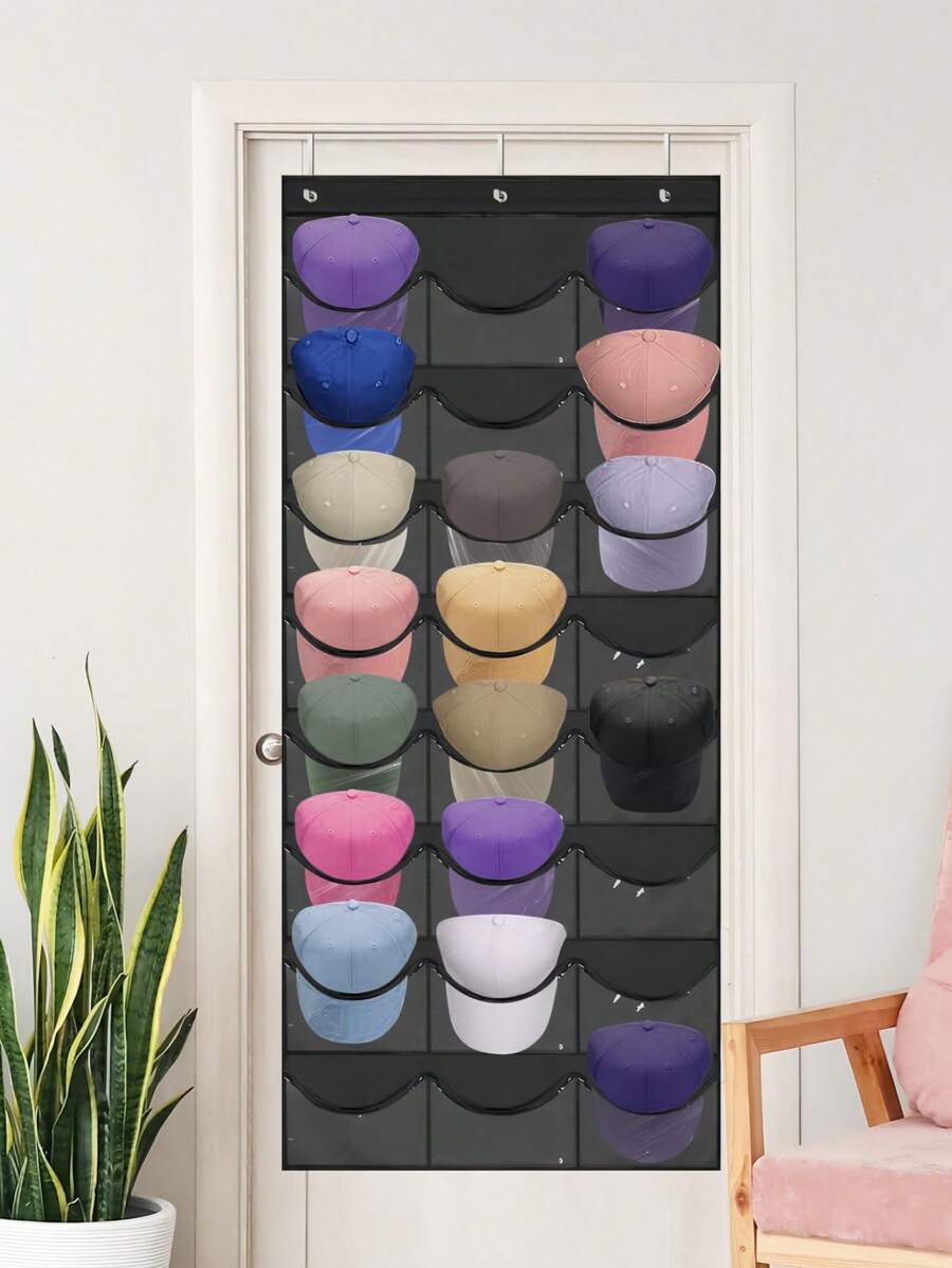 1 pieza Bolsa colgante de almacenamiento de 24 bolsillos para gorras de béisbol - Puede colgarse para almacenamiento, ahorrando espacio, organizador de gorras sobre la puerta, protector y estante de exhibición - Multicolor - Ver 1
