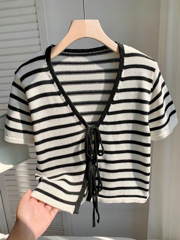 Comfortcana Blusa de punto casual con mangas cortas a rayas y lazo delantero para mujer