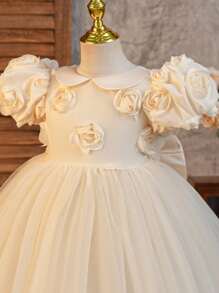 SHEIN Glamorique Kids Young Girl Princess Dress, Floral 3D Applique Tulle Puff Sleeve Birthday Party Wedding Holiday Gown, Apricot, Middle East & European Style, All Season - Apricot - View 6