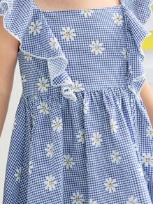 SHEIN 年轻女孩休闲可爱甜美方领荷叶边下摆中长连衣裙