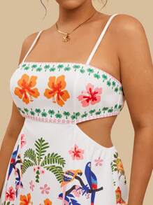 Travachic Vestido de Verão Casual de Férias com Estampa Tropical Colorida de Papagaio, Decote Vazado nas Costas, Regata, para Mulheres Plus Size