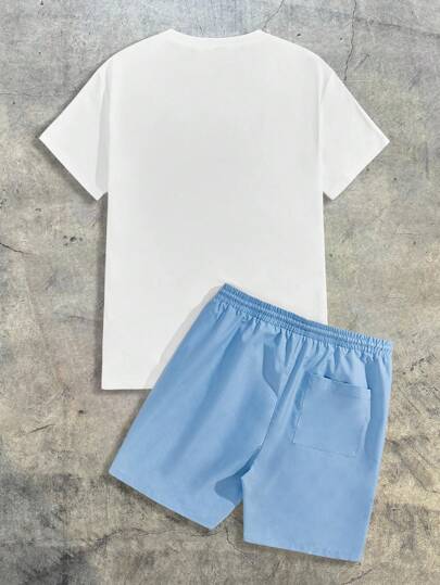 Guys Bear & Letter Graphic Tee & Drawstring Waist Shorts