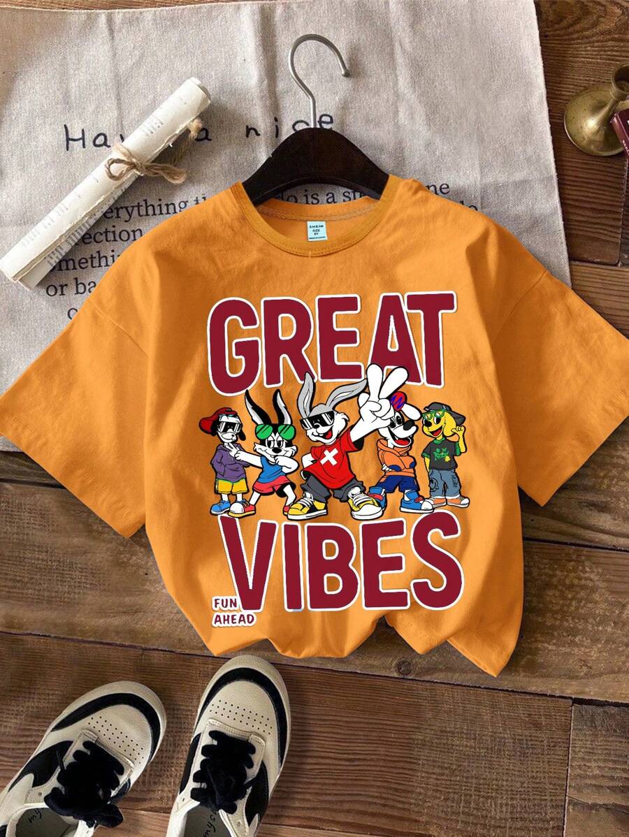 SHEIN Leap Crew 青少年男孩休闲简约圆领短袖 T 恤，适合夏季