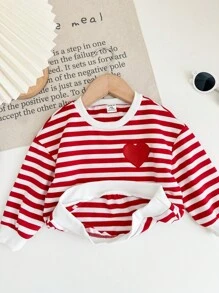 SHEIN LMoss Kids Baby Boy/Girl Oversized French Striped & Heart Patch Pullover Sweatshirt, Casual And Daily Wear, Suitable For Autumn And Winter