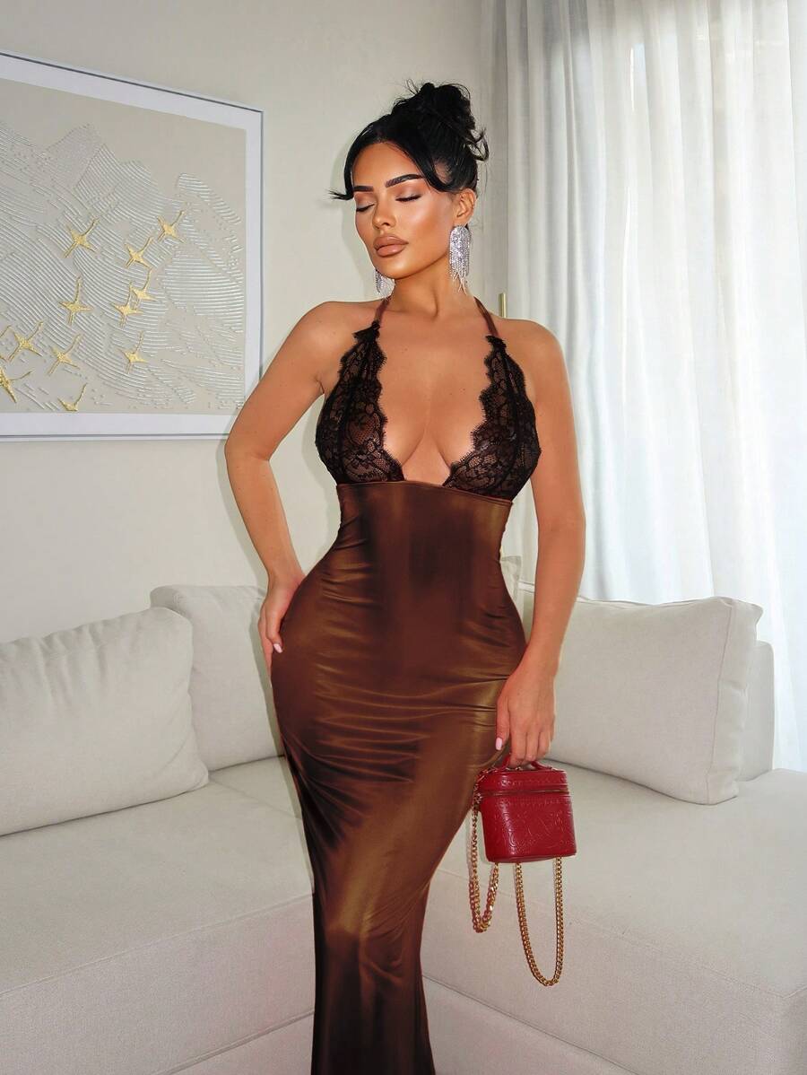 SHEIN SXY Vestido ajustado con cuello en V y encaje de contraste, Sexy