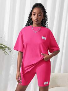 SHEIN 2pcs/Set Teen Girl Knitted Solid Color T-Shirt And Shorts Set, Mauve - Hot Pink - View 5