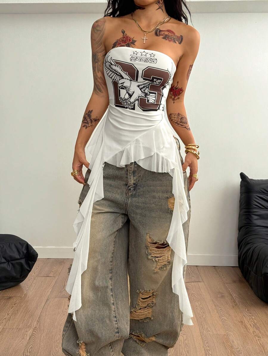 Coolane Women's Summer Festival Streetwear Rave Boho Western Wear Number Pattern Backless Tube Tops - White - View 1