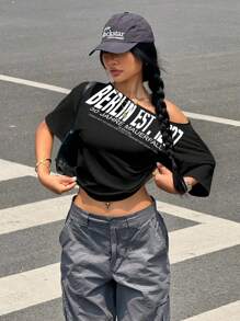 SHEIN EZwear 女士休闲宽松柏林墙图案短袖圆领T恤 - 黑色 - 查看 3