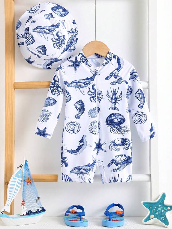 SHEIN Set de 2 piezas de traje de baño y sombrero para bebé - Traje de baño de una pieza con estampado de conchas marinas de manga larga y adorable, conjunto casual para niño/niña bebé, adecuado para viajes de primavera/verano, playa, fiestas de piscina