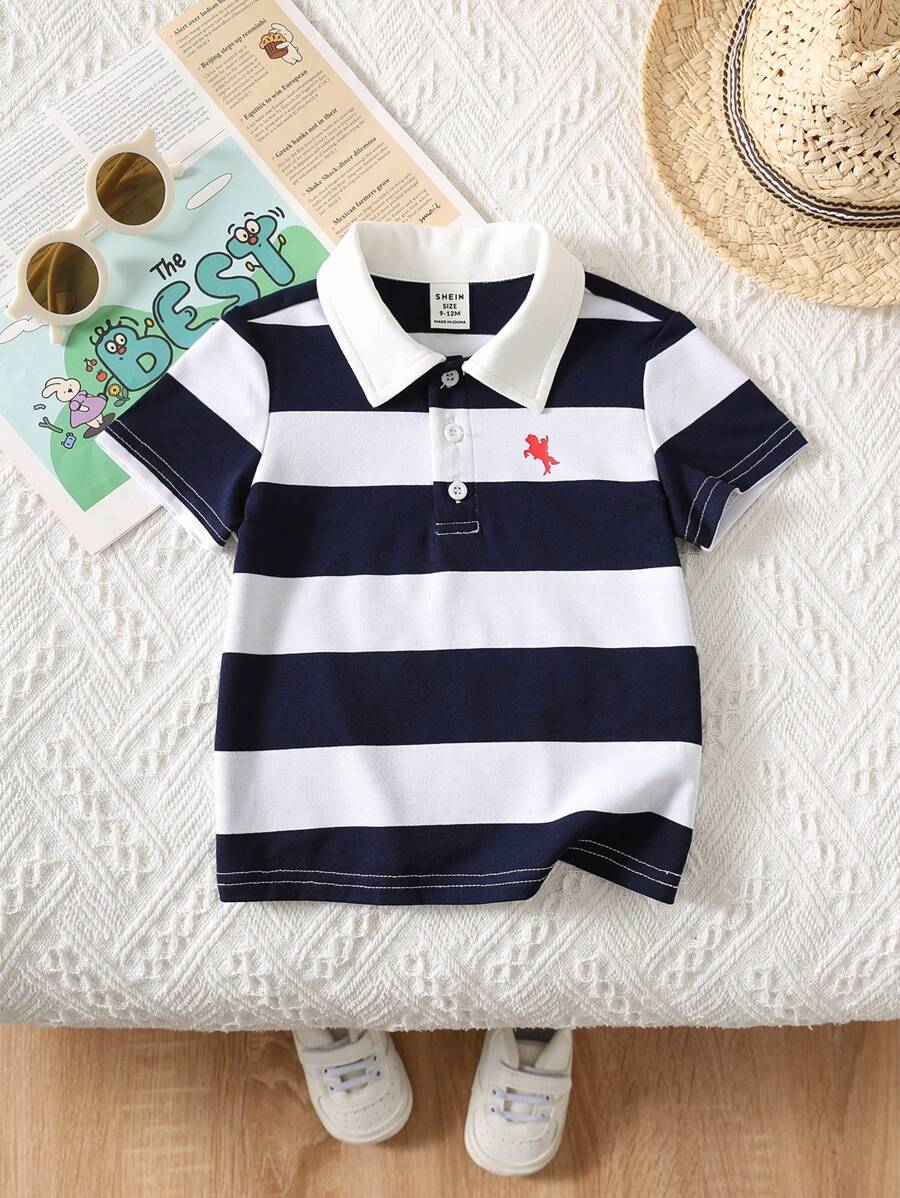 SHEIN Baby Boy/Girl Casual Sports-Style Collarbrooke Knit Top T-Shirt Polo Shirt, Cute & Fun For Spring/Summer Wear, Suitable For Indoor & Outdoor - Blue - View 1