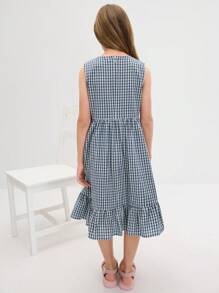 SHEIN Robe décontractée simple et confortable avec col rond, sans manches, nœud papillon et volant à l'ourlet, pour préadolescentes - Bleu azur - Voir 2