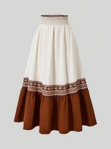 SHEIN Explorewe Teen Girls Elastic Waist Colorblock Printed Mini Skirt - Apricot - View 3