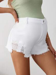 SHEIN Maternity Distressed Pocket Frayed Hem Casual Denim Shorts