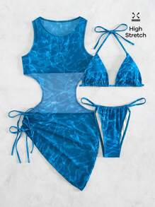 SHEIN Swim Summer Beach Allover Print Halter Triangle Bikini Set With Cover Up - Blue - View 7