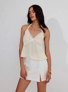 Roylia Women V-Neck Lace Splice Spaghetti Strap Camisole Tank Top, Cute And Elegant - Apricot - View 1