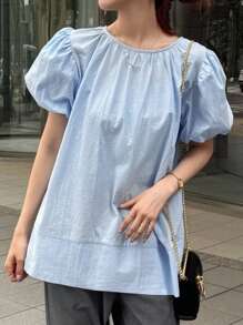 FRIFUL 女士棉麻外观宽松荷叶边袖圆领夏季短袖休闲甜美衬衫，适合夏季、独立日 - 藍色 - 查看 3