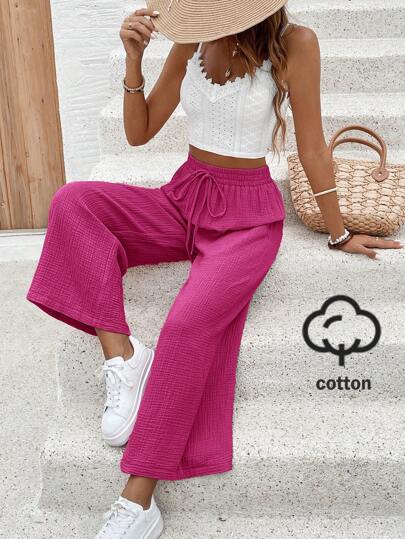 SHEIN Frenchy Pantalones anchos y sueltos de cintura elástica con lazo, en unicolor, para mujer