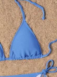 Swim Basics 1件套女士夏季纯色挂脖比基尼泳装套装 - 藍色 - 查看 3