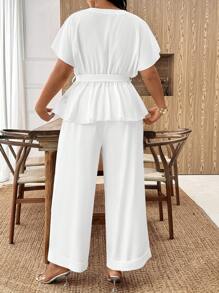 EMERY ROSE 大码女式纯色圆领无袖背心和阔腿裤套装，时尚夏季两件套服装 - 白色 - 查看 2