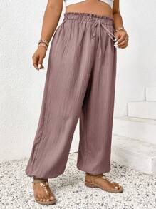 SHEIN Frenchy Plus Size Women Solid Color Ruffle Hem Drawstring Loose Pants,Summer Pants - Mocha Brown - View 1