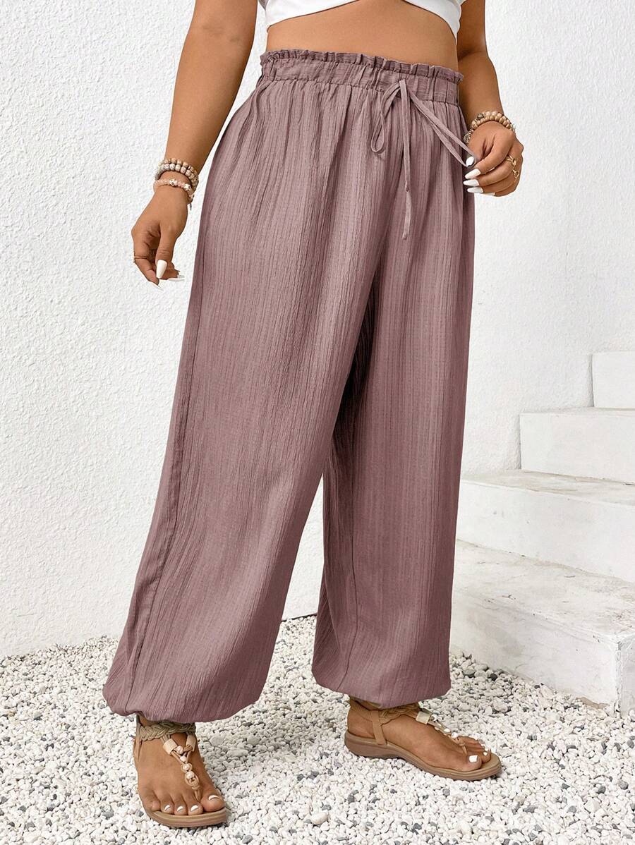 SHEIN Frenchy Plus Size Women Solid Color Ruffle Hem Drawstring Loose Pants,Summer Pants - Mocha Brown - View 1