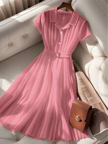 GlowEve Váy ngắn màu trắng cổ polo xếp ly chiffon kiểu Pháp thanh lịch thời trang mới, tay ngắn mùa hè - Bụi hồng - Xem 5