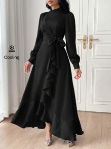 Modelyn Women Fashion Solid Color Belted Long Sleeve Dress,Elegant Evening Party Dress Long Evening Dresses - Black - View 8