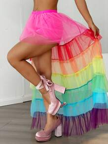 SHEIN EZwear Váy thời trang cao thấp lưới nhiều màu cạp chun cho nữ - Nhiều màu - Xem 1