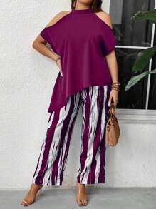 EMERY ROSE Plus Size Women Open Shoulder Asymmetric Hem Top And Striped Pants Casual Suit - Hot Pink - View 5
