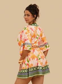 Travachic Set da 2 pezzi, blusa in maglia ampia con stampa di fiori tropicali gialli e pantaloncini casual, stile bohémien, adatto per le vacanze, taglia comoda, per l'estate