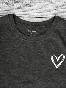 INAWLY Áo thun nữ cổ tròn in hình trái tim tay ngắn thường ngày thời trang - Màu xám đen - Xem 6