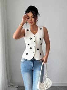 Gloray Elegant Sleeveless V-Neck Single-Breasted Floral Embellished Vest, Suitable For Spring And Summer
