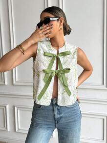 SHEIN Frenchy 女式法式夏季休闲撞色系带前烂花刺绣背心，时尚无袖夏季海滩度假茶会早午餐可爱外出海滩夏季上衣，度假 - 彩色 - 查看 4