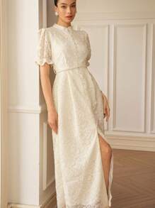 Aveloria Rosie 法式蕾丝浪漫长裙，正面有纽扣，短袖，收腰 - 杏色 - 查看 3