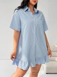 Solflare Navy Blue & White Striped Short Sleeve Ruffle Hem Splice Loose Plus Size Casual Dress, Suitable For Commuting, Back To School, Daily Casual, Dating, Outing Valentine's Day Outfit - Blue and White - View 5