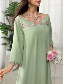 Al Najma Women's Romantic Modest Elegant Arabic Style Dress With Criss-Cross Lace Trim, Spring/Summer Full Length Jalabiya - Mint Green - View 6