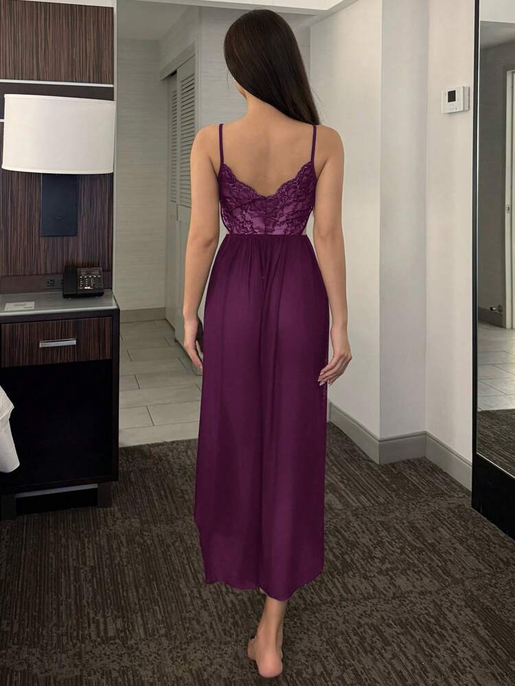 Lace Contrast Mesh Backless Sling Strap Bodycon Sexy Nightgown Lingerie For Women