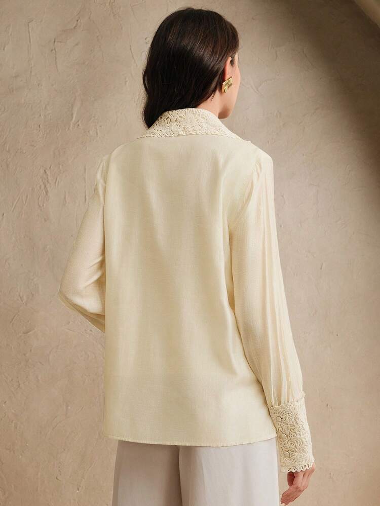 Vacation Style Elegant Floral Lace Patchwork V-Neck Half Placket Long Sleeve Women Blouse