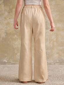 Ontre 青少年女孩休闲百搭简约纯色喇叭裤 - 杏色 - 查看 3