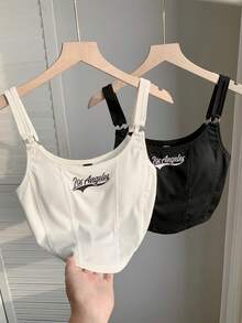 Comfortcana Camiseta deportiva de mujer de punto con bordado de letras en 2 colores - Blanco y Negro - Ver 8
