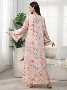 Al Najma 女式 V 领花卉蕾丝褶饰拼布浪漫花卉优雅度假阿拉伯风格长裙，春夏季，端庄 - 彩色 - 查看 2