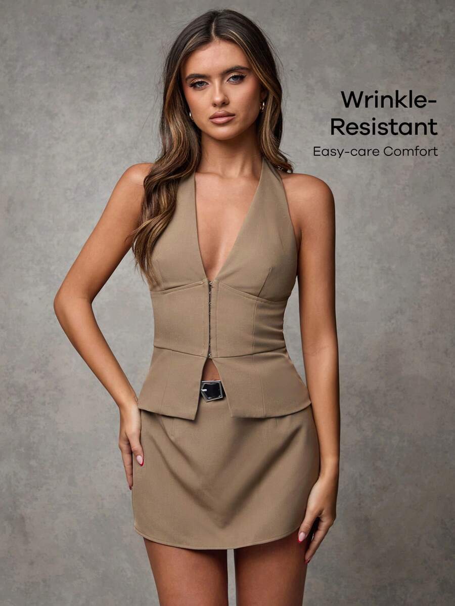 SHEIN BAE Blazer casual con cuello en V de color caqui sólido, chaleco tejido de mujer sexy estilo oficina siren, estilo antiguo, atuendo de maestro, traje de mujer de otoño para oficina