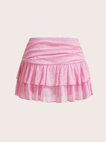 Sweetina Ultra Low Waist Ruched Tie Wrap High Slit Tiered Shiny Crystal Mesh Mini Skirt - Pink - View 2