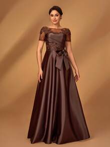 Serin Summer Elegant Gorgeous Romantic Coffee-Colored Mesh Splicing Satin Pleated Luxury Sequins Applique Short Sleeves Bow A-Line Hem Suitable For Dinner Bachelorette Party Date Holiday Dance Music Festival Wedding Event Evening Dress Bride Mother Dress, Valentine's Day - Coffee - View 5