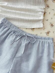 SHEIN 2pcs/Set Teen Girls White Knit Texture Ruched Waist Seamless Cropped Tank Top And Blue&White Striped Drawstring Waist Shorts Set, Casual Summer Lounge Outfit - Blue and White - View 6
